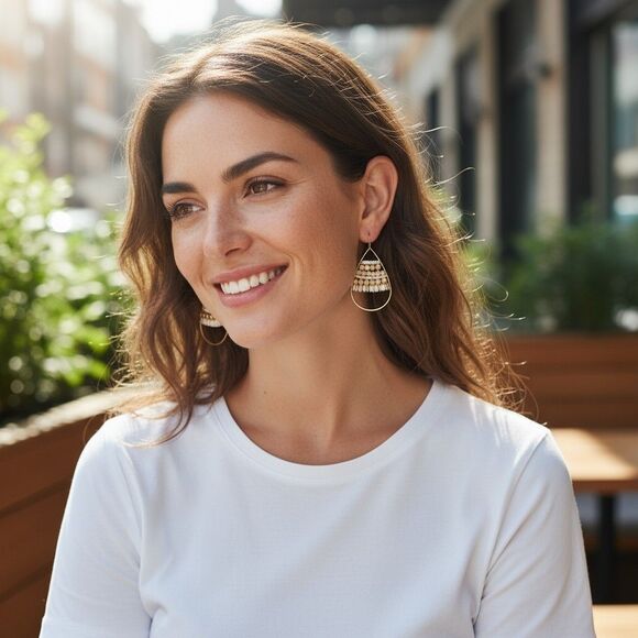 J. Jill Gold Tone Beaded Teardrop Earrings Dangle Drop White Cream Neutral Boho - Picture 1 of 9